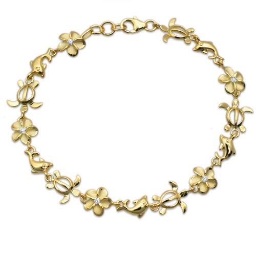 Turtle, Plumeria, and Dolphin Bracelet with 14K Gold Finish - 10mm