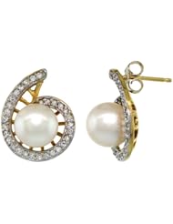 14k Gold Swirl Pearl Earrings w/ 0.33 Carat Brilliant Cut ( H-I Color; VS2-SI1 Clarity ) Diamonds & 7mm White Pearls