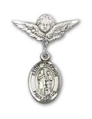 Sterling Silver Baby Badge with St. Joachim Charm and Angel with Wings Badge Pin