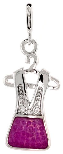 Sterling Silver Jeweled Halter Dress Charm, Fuchsia Pink Enamel, w/ Cubic Zirconia stones, 15/16'' (23mm)