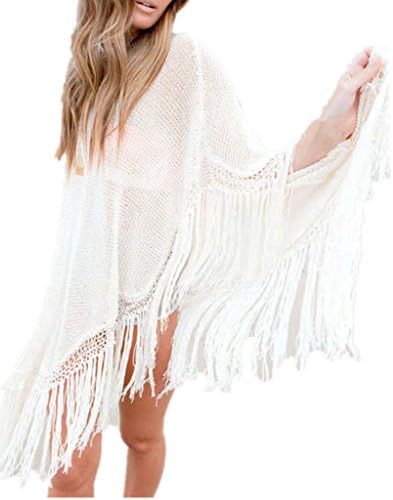 Forinie Women's Knit Fringed Poncho Tassels Cover-up One Size White