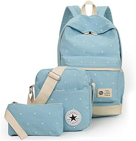Canvas Women Backpack Big Girl Student Book Bag with Purse Laptop 3pcs Set Bag Ladies School Bag