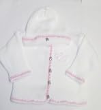 Ck673, Knitted on Hand Knitting Machine White Cotton Trimmed By Hand Crochet with Raspberry Cotton Cardigan Hat for Infant Girls Trimmed with Sequin Double Heart