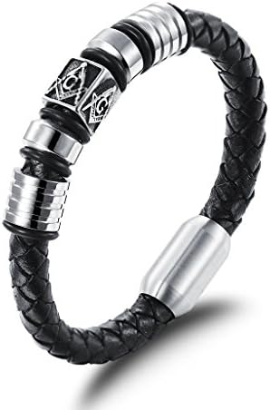 JSea Jewelry Embossed Freemasonry Masonic Black Leather Bracelet Stainless Steel