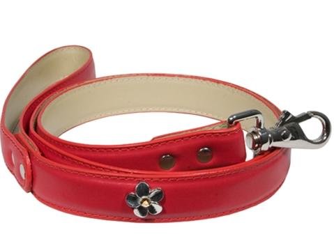 Designer Dog Leash - Leather Leash with Flower Studs - Red - Four Feet Long