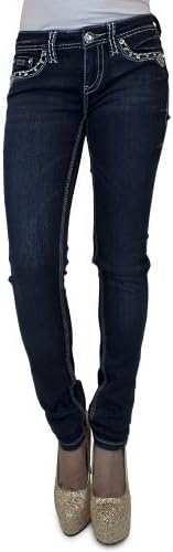 LA Idol Thick Stitching Jewel Stud Pocket Denim Skinny Dark Blue 0 US