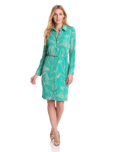 Anne Klein Women's Palm Tree Print Belted Dress, Jade Mutli, Large