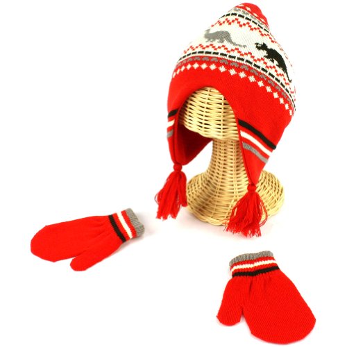 Winter Boys 2-4 Knit Dinosaur Ski Trapper Beanie Hat with Mittens Gloves Set Red