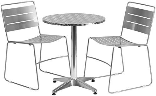 23.5-inch Round Aluminum Indoor-Outdoor Table with 2 Metal Stack Chairs, Aluminum silver