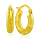 14K Yellow Gold Diamond Cut, Satin and High Polish Design Small Tube Hoop Earrings