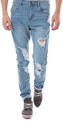 Hidden Fashion Mens Light Wash Skinny Jeans With Rips [Blue_34]