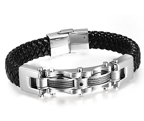 HITOP Men's Punk Stainless Steel Genuine Leather Cable CZ Cuff Bracelet Bangle (Silver (Black Rhinestone))