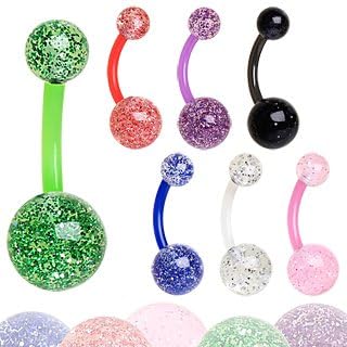 BioFlex Navel Ring with Purple Color Ultra Violet Metallic Glitter Acrylic Balls - 14g (1.6mm), 3/8" (10mm) Length, 5mm x 8mm Ball Size - Sold as a Pair