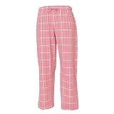Pink and black tartan plaid check tie cord flannel cotton pants for lounging, sleep, sports. Unisex relaxed fit, available in 3 Youth sizes