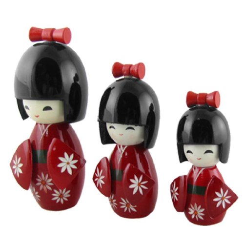 Floral Carved Wooden Kokeshi Doll Toy 3 Pcs White Red