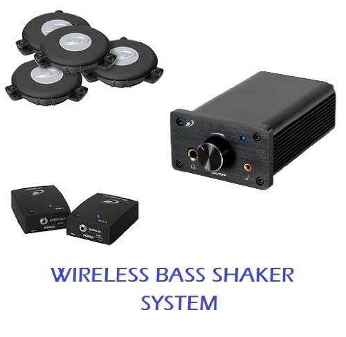 Wireless Home Theater Bass Shaker System for One Seat- Four mini bass shakers with wireless transmitter/receiver and compact power amplifier