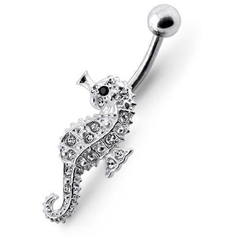 Clear Gems Stone Fancy SEA HORSE 925 Sterling Silver Belly jewelry with 14Gx3/8(1.6x10MM) 316L Surgical Steel Banana and 5MM Ball.