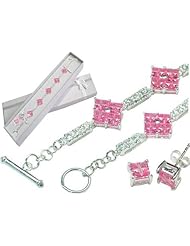 Sterling Silver Sparkling Princess Pink and White Ice CZ 7" Tennis Bracelet and Stud Earrings Gift Boxed Set - Valentines Day Special