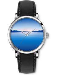SPRAWL Aanalog Fashion Series Silver Ladies Watches of Genuine Black Leather Strap,Unique Wrist Watch for Women Girls Designed with Horizon and the blue ocean