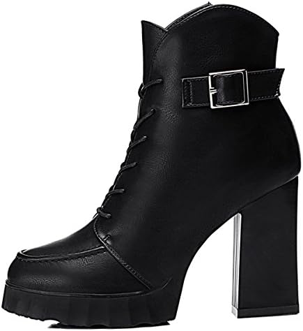 Womens High Heel Leather Shoes Metal Buckle Lace Up Side Zipper Black Mid-calf Warm Martin Boots EU36