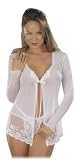 Escante Women's Cherie Long-Sleeved Mesh Sleep Shirt and Matching Lace G-String,White,Large