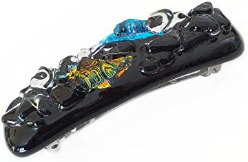Hair Clip, French Barrette, Black Multicolor Art Glass, Dichroic, Chunky