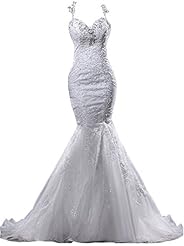 Spaghetti Strap Organza Lace Beaded Mermaid  Dress