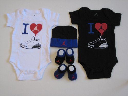 Nike Jordan Infant New Born Baby Boy/Girl 0-6 Months 2 Lap/Shoulder Bosyduits, 2 Pair of Booties and 1 Cap With Jordan Sign and I Love Jordan; Light Black/White/Red/BLue 5 PCS Set New