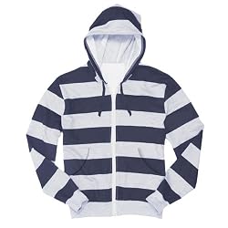 Navy Blue Gray Fleece Rugby Stripe Hoodie Unisex Sizes. Fleece