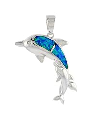 Sterling Silver Mother & Baby Dolphin Pendant Synthetic Opal Inlay w/ CZ stones, 1 1/8 inch tall,