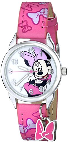 Disney Kids' MIN188 Easy Read Silver-Tone Watch with Pink Faux Leather Band