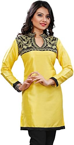 Silk Long Kurti Top Tunic Womens Embroidered Blouse India Clothing (Yellow, L)