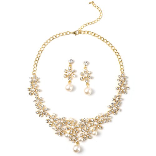 Gold Crystal Flower Shape Chain Necklace with Pearls & Matching Dangle Earrings Jewelry Set