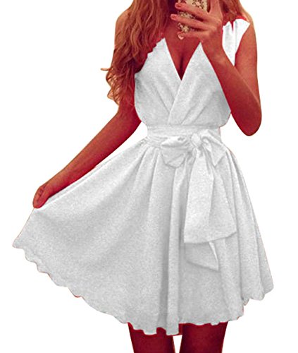 Vakind® Sexy Women Deep V-neck Chiffon Party Evening Mini Dress (L=US8-US10, White)