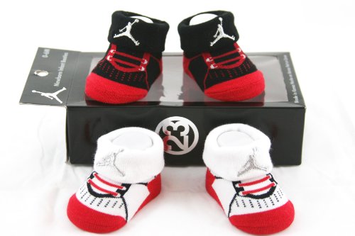 417Vtfh2qAL Nike Air Jordan 2 Pairs Newborn Infant Baby Booties Socks Black and White w/Silver Shinny Air Jordan Logo Size 0 6 Months Reviews