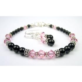 Rose (Pink Opal or Pink Tourmaline) Bracelets and Earrings Set: Sterling... by
