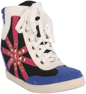 Machi LUCAS-5 Women'S High Top Hidden Wedge Heel Lace Up Stud Ankle Boot Sneakers, Color:BLUE, Size:8