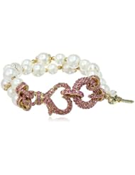 Betsey Johnson "Iconic Pinkalicious" Crystal Heart Closure and Faux Pearl 2 Row Bracelet, 7.5"
