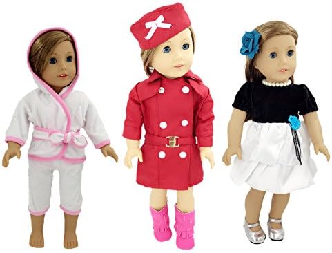 7pcs Doll Clothes Outfit sets plus Fringe Boots for American Girl Dolls: Trench Coat, Hat, Boots, Shoes, Party Dress, Hair Accessory, and Hooded Pajama - 3 Outfits Set