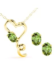 2.10 Ct Oval Green Peridot 14K Yellow Gold Pendant Earrings Set