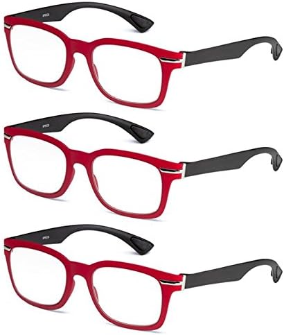 Specs Reading Glasses Set of 3 Bendable TR90 Matte Red Wayfarer-Comfortable, Lightweight, High Quality, Unbreakable, Attractive, Ultimate Clear Vision-Crystal Chain, Cleaning Cloth and Carrying Pouch Included +1.50