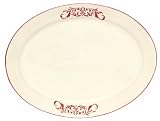 Ceramic Pottery Large Oval Platter With Crimson Red Decorative Scroll Design 15.5"L