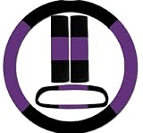 Black and purple steering wheel cover, seat belt covers and rear view mirror cover. Package in a nice box. Black and purple steering wheel cover, seat belt covers and rear view mirror cover. Package in a nice box.
