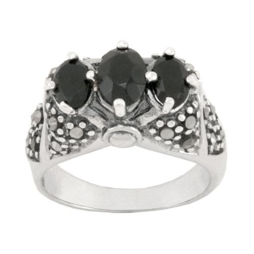Sterling Silver Marcasite Triple Onyx Band Ring, Size 6