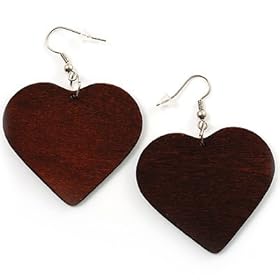Brown Wood Drop Heart Earrings