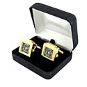 Gold plated square working quartz watch cufflinks with black dial with presentation box