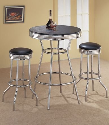 3pcs Retro Fountain Style Black & Chrome Finish Bar Table & 2 Stool Set