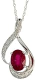 14k White Gold 18 Chain & 3/4 (20mm) tall Pendant, w/ 0.07 Carat Brilliant Cut Diamonds & 1.24 Carats Oval Cut 7x5mm Enhanced Ruby Stone