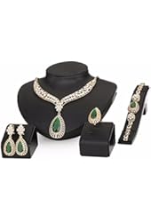 Moochi 18K Gold Plated Green Beads Crystal Chain Necklace Earrings Ring Bracelet Jewelry Set