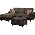 Bobkona Manhattan Reversible Microfiber 3-Piece Sectional Sofa with Faux Leather Ottoman in Sage Color